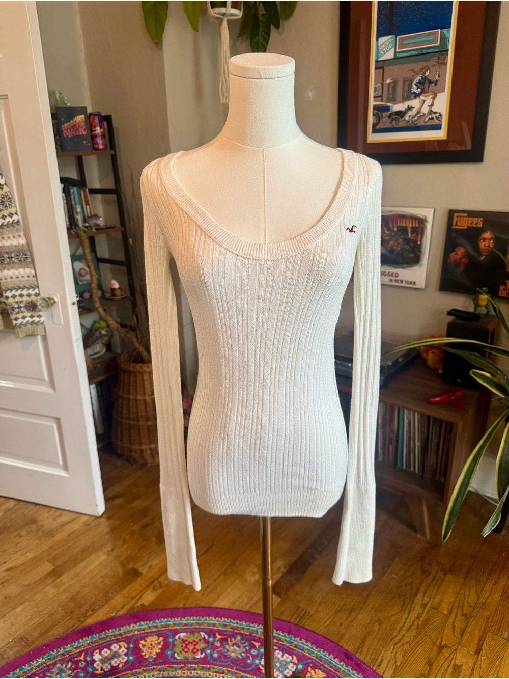 Y2K Vintage Hollister Ivory Ribbed Scoop Neck Long Sleeve Top